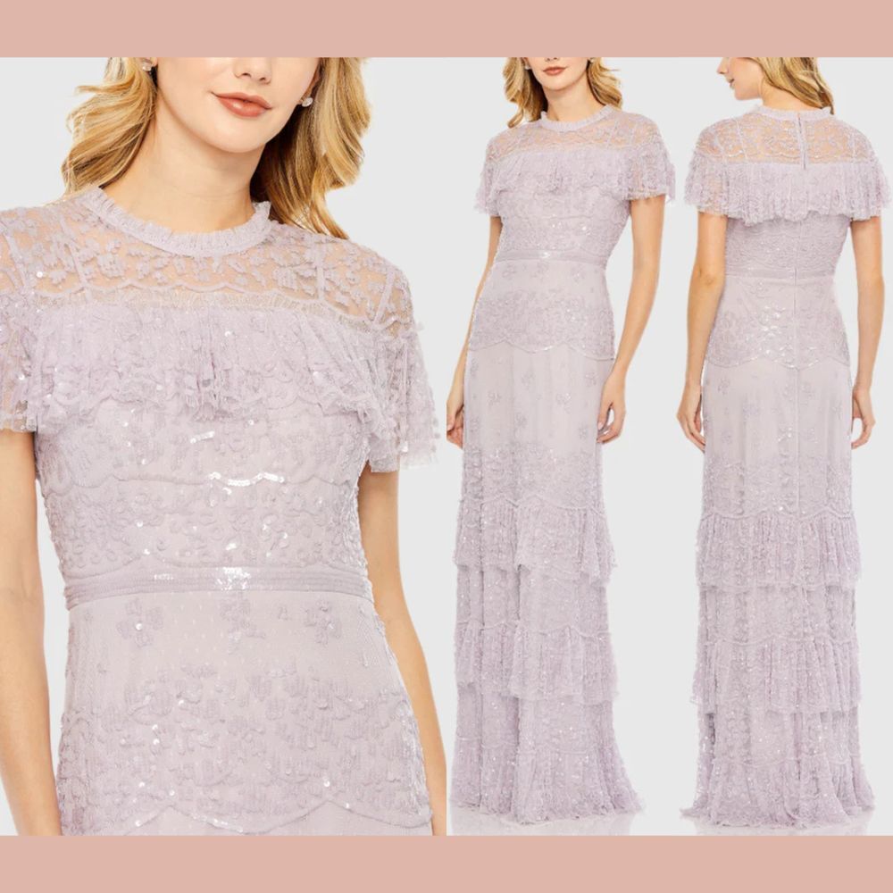 NEW MAC DUGGAL [ 12 ] 9195 Embellished Cap Sleeve‎ Ruffle Tiered Gown Lilac